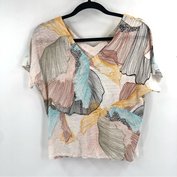 Chico's Tops - CHICO'S 100% Linen Top Double V Short Sleeve Leaf Floral Abstract 0 S Blouse